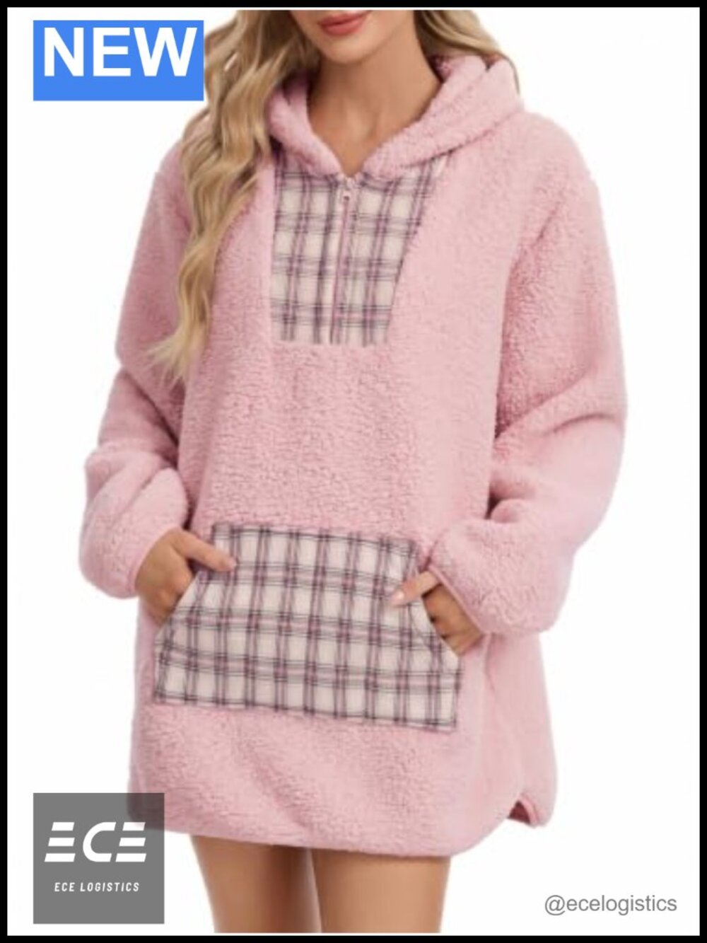 Sherpa Fleece Quarter Zip Pullover Hoodie with Plaid Pocket Oversized